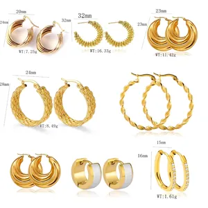Size chart showing multiple 18K gold-plated stainless steel hoop earrings with weight and dimensions