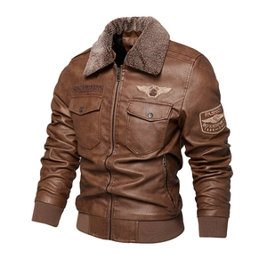 Vintage brown men's PU leather pilot jacket with shearling collar and embroidery details