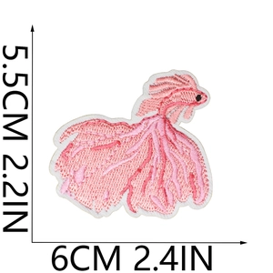 Detailed pink betta fish embroidery patch showing dimensions 5.5cm by 6cm on white background
