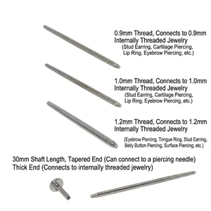 316L stainless steel insertion pins in 0.9mm to 1.2mm sizes for body piercing jewelry