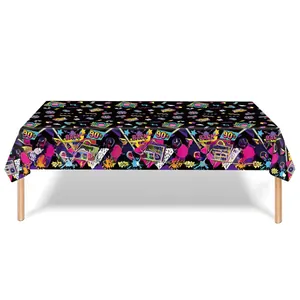 Detail of disposable PE tablecloth with retro 90s neon radio and geometric patterns