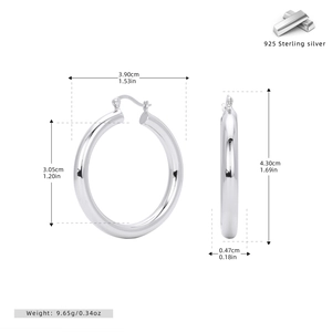 Detailed size measurement chart of retro 925 sterling silver oversized hoop earrings