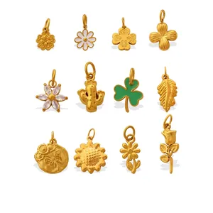 Stainless Steel Jewelry Charms Flower Daisy Clover Leaf Cactus Pendants With Zircon Enamel For DIY Jewelry Making