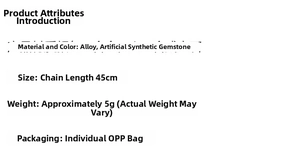 Detailed specs for the bohemian alloy necklace featuring 45cm chain and synthetic gems