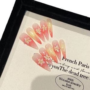 Handmade gradient floral press-on nails with 3D lily design in a luxury display box