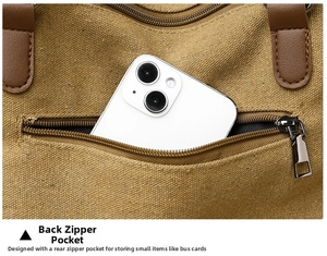 Detail of the back zipper pocket on the khaki canvas tote bag holding a smartphone