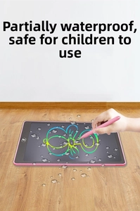 Pink LCD writing tablet for kids showing water-resistant screen and colorful drawing strokes