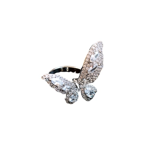 Sparkling zircon butterfly open ring in silver finish with pavé stones for women