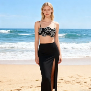 Camisole Top And High Slit Maxi Skirt Rhinestone Crystal Rose Flowers Sexy Celebrity Party Slim Fit Black