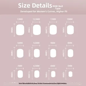 Detailed size chart for mini press-on nails featuring twelve widths and length dimensions