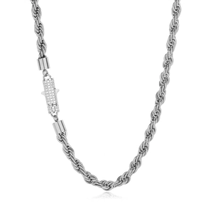 Macro detail of silver rope chain with a diamond-encrusted cylindrical clasp