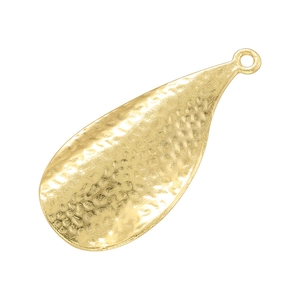Macro shot of gold teardrop pendant with unique hammered texture and metallic luster