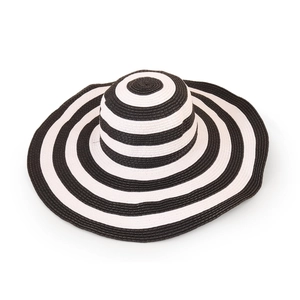 Detailed top view of striped wide brim straw hat with classic black and white woven pattern