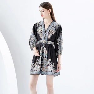 Bohemian V-neck printed mini dress with lantern sleeves and ethnic pattern on black base