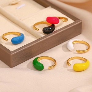 Adjustable gold stainless steel open rings with colorful enamel teardrop accents
