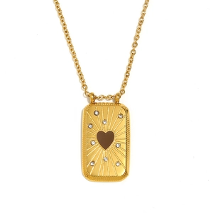 Collier tarot vintage en acier doré 18K avec pendentif cœur marron et pierres zircons