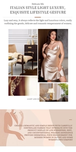 Detail of champagne gold satin slip dress with elegant V-neck and silky texture