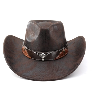 Detail of western cowboy hat featuring silver bull head emblem and leather rivet band