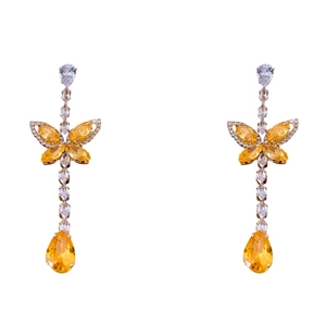Boucles d'oreilles pendantes papillon style cour française avec zircones jaunes