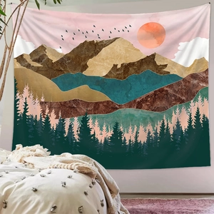 Detailed interior view showing high-quality mushroom landscape tapestry on a bedroom wall