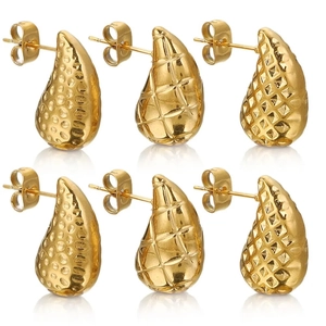 Minimalist Stainless Steel Teardrop Stud Earrings For Women 18K Gold Plated Waterdrop Geometric Textured Fashion Jewelry Gift
