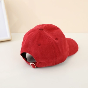 Red corduroy kids baseball cap with adjustable metal buckle and cartoon embroidery