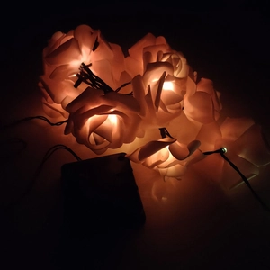 Detail of warm yellow LED rose string lights with a black battery box for outdoor decor