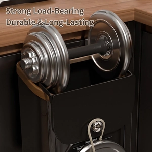 Hanging kitchen trash bin in matte black with wood grain detail showing strong load capacity