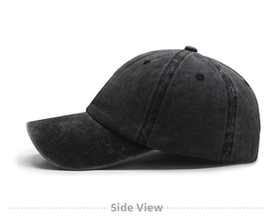 Side view of washed cotton baseball cap in charcoal black with vintage distressed texture