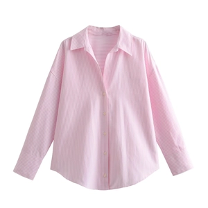 Women's pink and white vertical striped cotton oxford shirt with a loose fit design