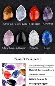 Detailed size chart for 20x30mm teardrop gemstone pendants including amethyst and quartz