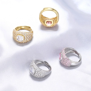 Luxurious Copper Ring Micro Pave Zircon Square Gemstone Adjustable Open Finger Jewelry For Women