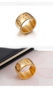 Detail view of 12mm wide gold stainless steel ring with cutout boy and girl silhouettes