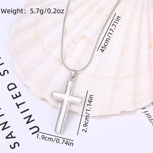 Polished silver cross pendant on a snake chain with dimensions and weight specs