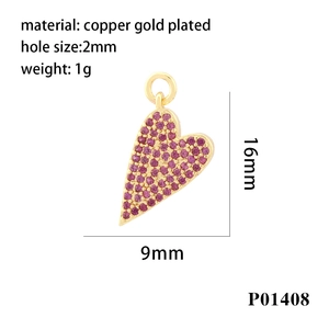Detail showing copper gold plated heart pendant size 16mm x 9mm with pink zircon stones