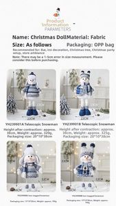 Detail of blue Christmas snowman figurines with retractable legs for hotel holiday decor