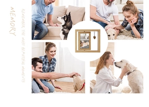 Rotating wooden photo frame with a heart pendant showing cozy family and pet moments