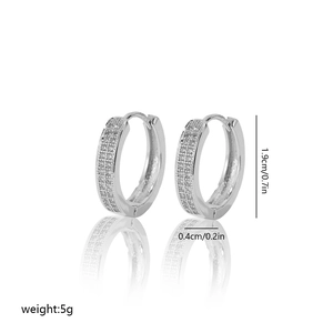 Detail of silver hoop earrings with pave-set cubic zirconia and product measurements