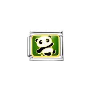 Italian modular charm in stainless steel featuring a green enamel panda design