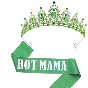 Sparkling green HOT MAMA sash and emerald rhinestone crown set for mothers party and photography