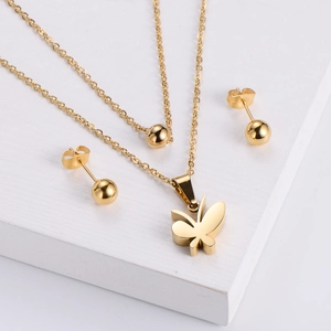 Stainless Steel Jewelry For Women Double Layer Necklace Butterfly Pendant Ball Stud Earrings Polished Fashion Accessory