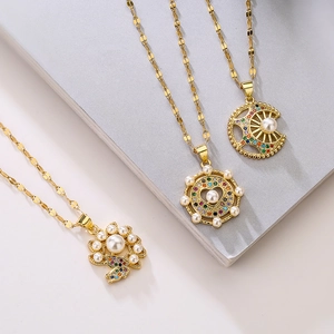Elegant Copper Pendant Necklace For Women With Artificial Pearl And Colorful Zircon Geometric Flower Butterfly Crescent Sun Gold Plated