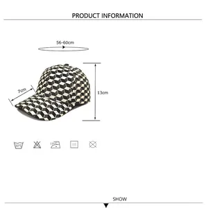 Baseball cap with 3D checkerboard pattern showing detailed dimensions and polyester material