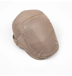 Top view of khaki mesh newsboy cap showing breathable texture and lightweight fabric