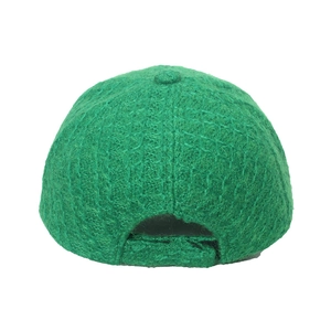 Rear view of green textured wool knit baseball cap showing the adjustable strap