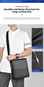 Detail of waterproof scratch-resistant black leather men's messenger bag with logo