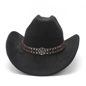 Close-up of black suede cowboy hat with brown studded leather band and vintage buckle