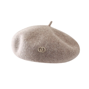 Chic taupe wool blend beret hat with gold double ring emblem for women fall fashion