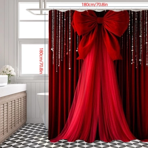 Détail du rideau de douche de Noël rouge avec nœud géant et perles en 180x180cm