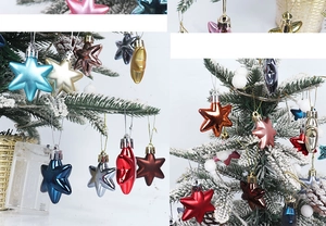 Detail of colorful 5cm hexagram ornaments hanging on snowy pine branches for Christmas decor